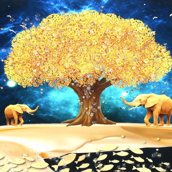 데코스토리 큐빅 돌출형 코끼리 돈나무 액자, 골드