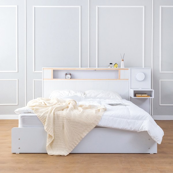  러브문 편백 템바보드 호텔형 수납 침대 + 협탁 세트 방문설치, 화이트 