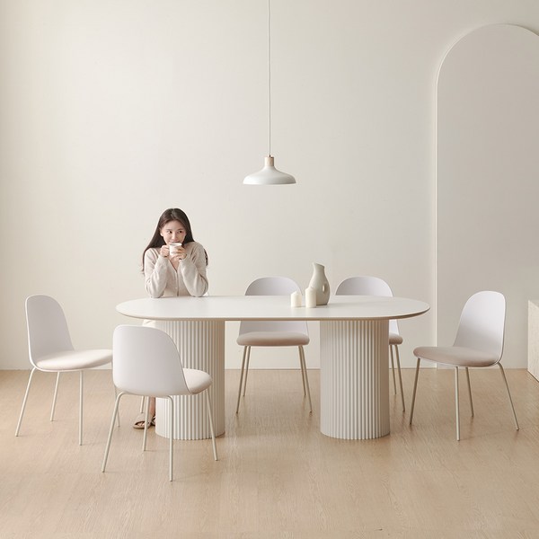 보니애가구 마샤 24T 1600 포세린 템바보드 타원형 6인용 식탁 + 의자 6p 세트 방문설치, 화이트