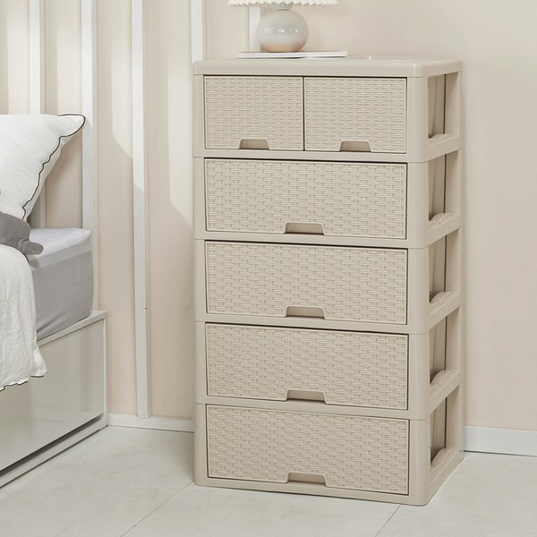 라탄 스마일 5단 서랍장, 베이지, 6개