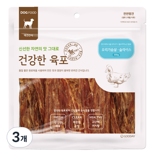 굿데이 건강한육포 반려견간식 300g, 오리가슴살 슬라이스, 3개