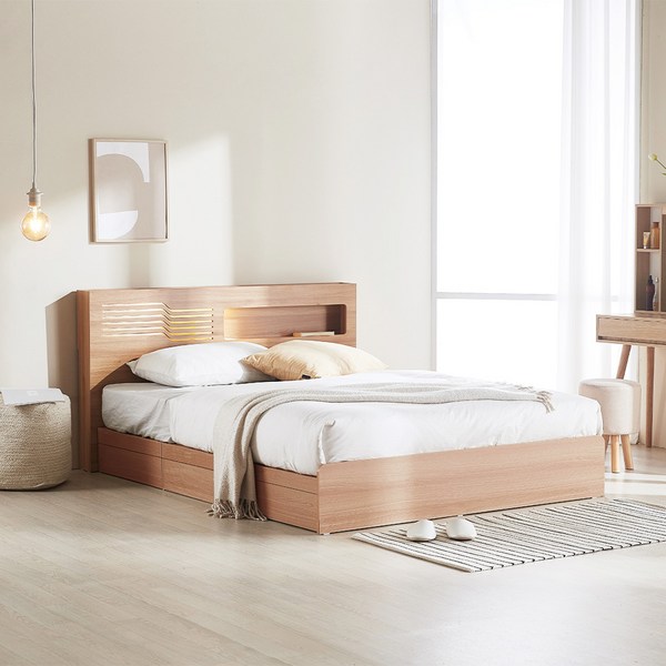  레아 LED 멀티수납침대 프레임 + 매트리스 세트 방문설치, 오크 