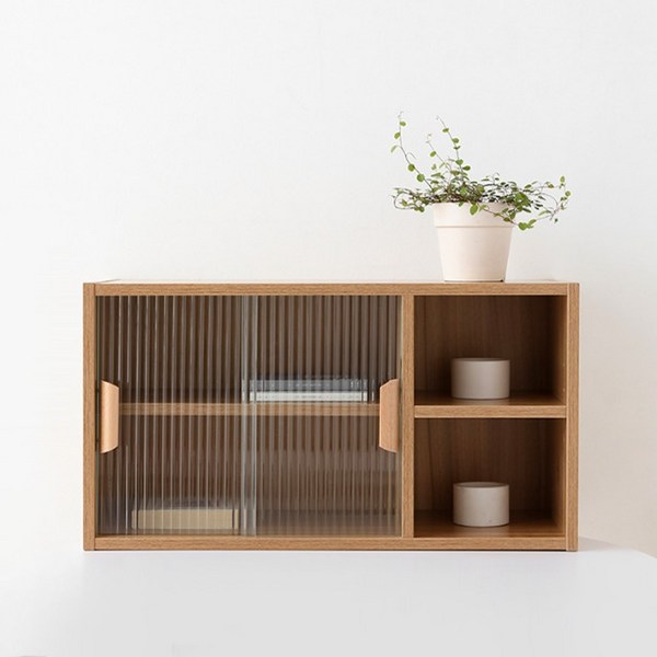  마켓비 FIKK 2문 슬라이딩 투명 유리 미니수납장 630, 라이트브라운 