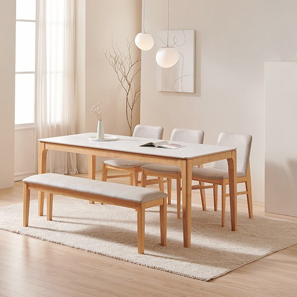 [삼익가구] 어썸 통세라믹 4인용/6인용 원목 식탁 풀세트, 02. 6인용 통세라믹 원목 식탁세트(벤치1+의자3), 내추럴