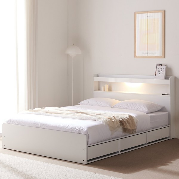 바로방가구 샤인 LED 수납형 서랍형 슈퍼싱글 퀸 침대 프레임 ss q, 슈퍼싱글(SS)/3단서랍형(본넬매트포함), 화이트