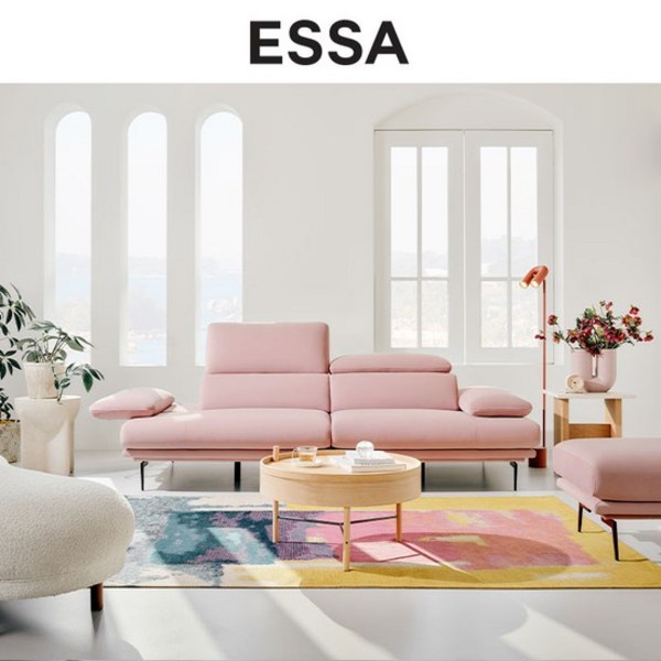 에싸 클로에 3인 헤드기능 리브 패브릭 소파+스툴+쿠션, 스윗핑크