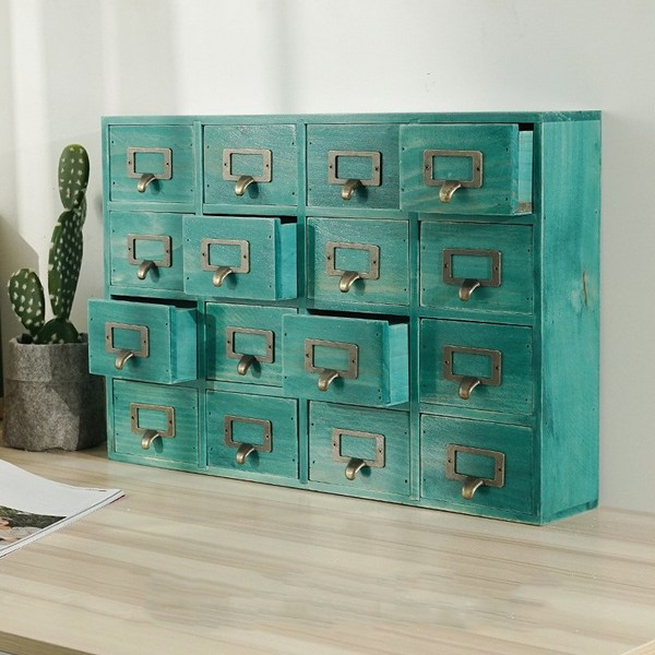 JENMV 약장 우드 수납함 9/16 칸 약장 수납함 원목 빈티지 미니 수납함 약장 인테리어 원목 엔틱가구 엔틱거실장 엔틱장식장 서랍장, 녹색, 1개, 16 칸