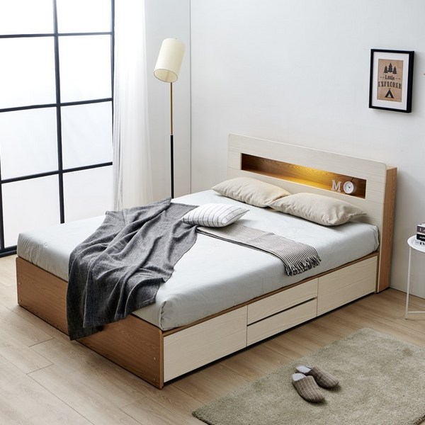  밀란 LED 콘센트 서랍형 수납 침대 프레임 슈퍼싱글 퀸 평상형, 퀸(Q)/4단서랍형, 워시 