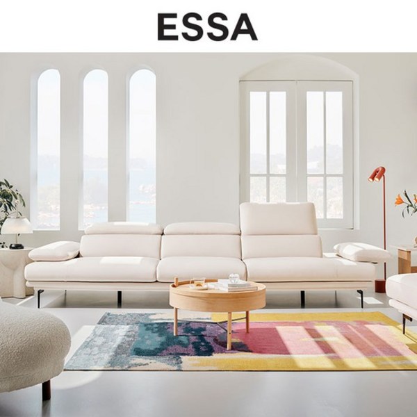 에싸 클로에 4인 헤드기능 리브 패브릭 소파+스툴+쿠션, 스윗핑크