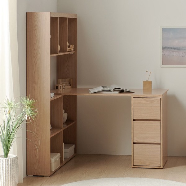 퍼니하우스 파이 집중력 ㄱ자 일자형 책상 서랍책상 세트 학생 서재 책장 1인용 1200, 오크