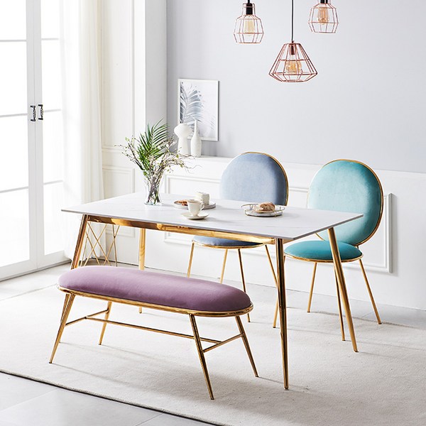 몬스 통세라믹 골드 4인 식탁 세트_벨벳 벤치형(의자2+벤치1) KEF026C, 핑크2+벤치1