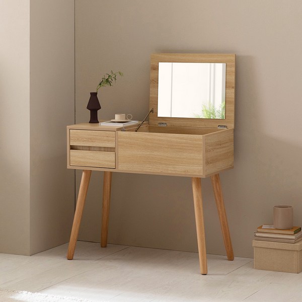  [예쁜스툴 포함] 파로마 오드리 수납화장대 + 스위트 원형스툴 펜션화장대 미니화장대 책상겸화장대, 오크, 스위트(베이지) 