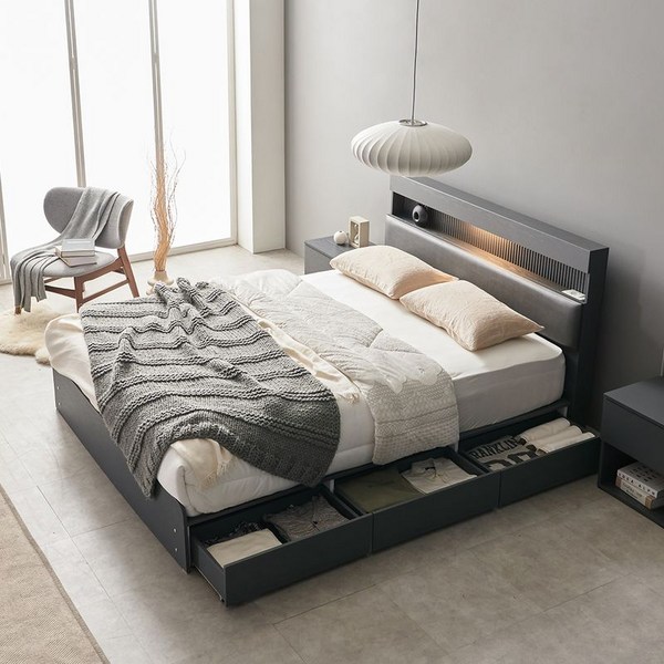 에넥스 에넥스 올리버 LED 유로탑 수납 침대 K, 없음/없음/그레이