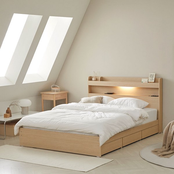 100% 국내생산 알파인LED 3서랍 수납침대 + 매트리스 세트 SS Q 본넬 독립, 라이트내추럴