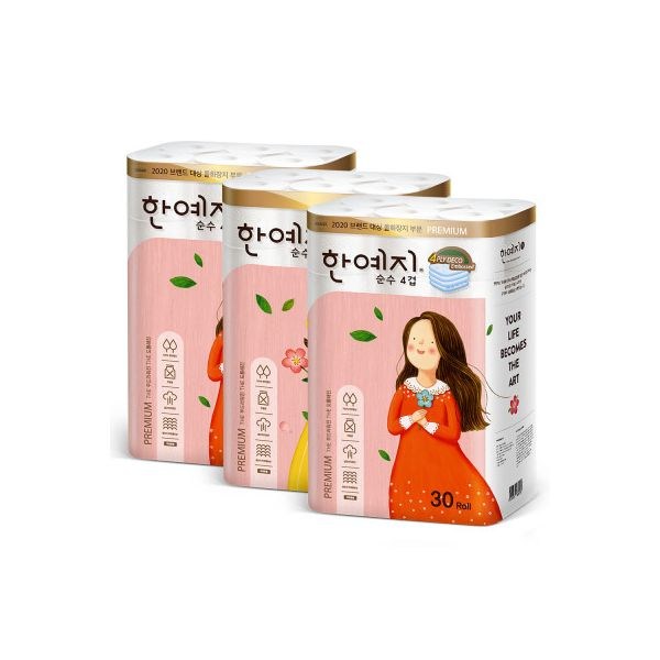 한예지 순수 천연펄프 4겹 화장지 30롤 3팩휴지, 한예지 순수 천연펄프 4겹 화장지 30롤 3팩/휴지