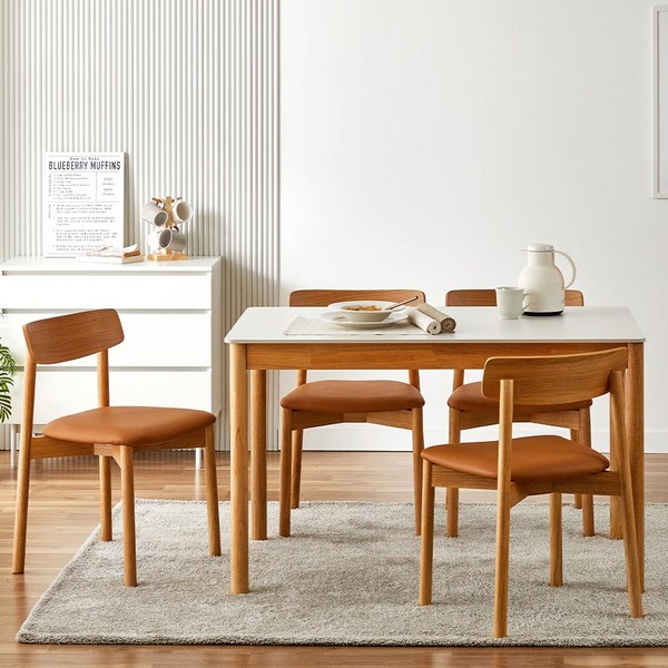  [모던하우스 가구] 그리드 포세린테이블 4인화이트 체어세트 테디가죽카멜4 /DL24SET031, 화이트 