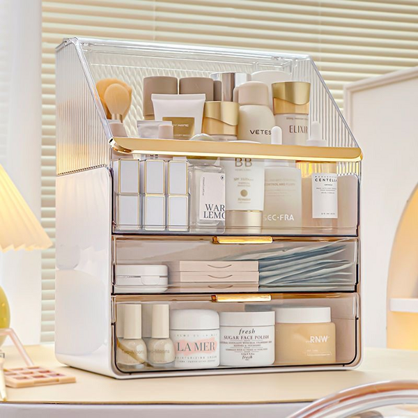  미노스토리 NEW 시즌 특대형 3단 화장품정리함 + 브러쉬 보관함 증정, 화이트+투명 