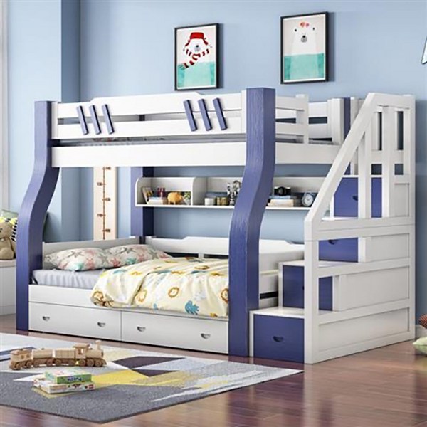 분리수면 어린이 원목 이층침대, 상층 폭은140 하층 폭은160, 사다리장/파랑백색