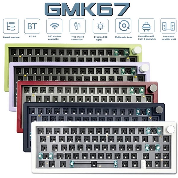 키보드하우징 커스텀 GMK67 3 모드 맞춤형 기계식 키보드 키트 핫 스왑 가능 샤프트베이스 블루투스 24G 무선 가스켓 구조 RGB 백라이트, 없음, 없음, 4.GMK67 Green