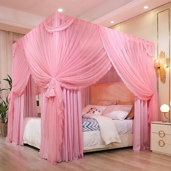 침대 모기장 이층 모기장 침대 커튼 일체형 가정용 공주 바람 차양 먼지 방지 침대 맨틀 두껍게 암호화 3 개 문 접이식모기장, 부드러운 가루, 2.0*2.2 미터 전체 침대 커튼 브래킷 모기장