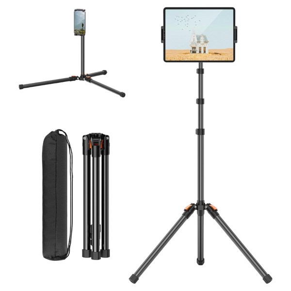 180cm 높이조절 접이식 태블릿 삼각대 + 360도 회전 클램프 13인치 아이패드 갤럭시탭 호환 파우치 포함 장대형 스탠드