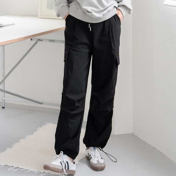 지나홈 여성 와이드 겨울 기모 스판 카고 팬츠 스트링 바지