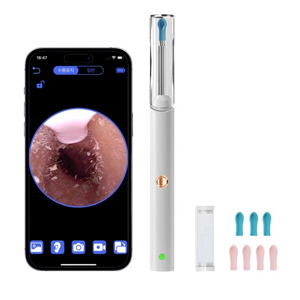KUAHAI 2000W 고화질 내시경 귀이개 무선 LED 조명 귀파개 스마트 카메라 귀이개 일체형 귀후비개 소프트헤드 Type-C충전, 흰색, 1개
