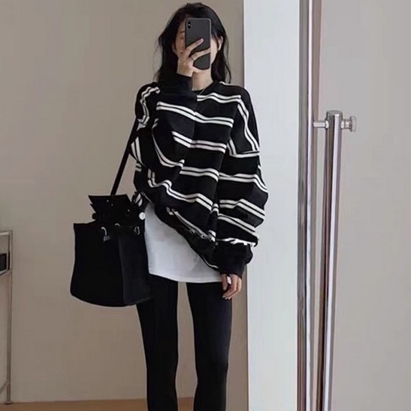 SAHINER 여성 봄 스트라이프 루즈핏 맨투맨 심플 AWY19