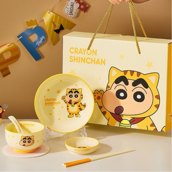 StarR 크레용 신짱 한식기 5종 세트, 옐로(호랑이), 공기+접시+숟가락+..., 1세트