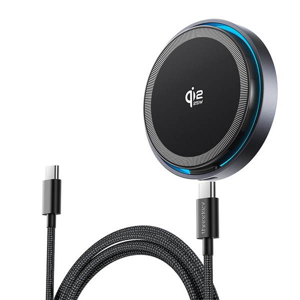 THREEKEY 맥세이프 무선 충전기 25W 초고속 충전기 호환 Qi2.2 마그네틱 무선충전기 휴대용 차량용충전기 슬림 디자인