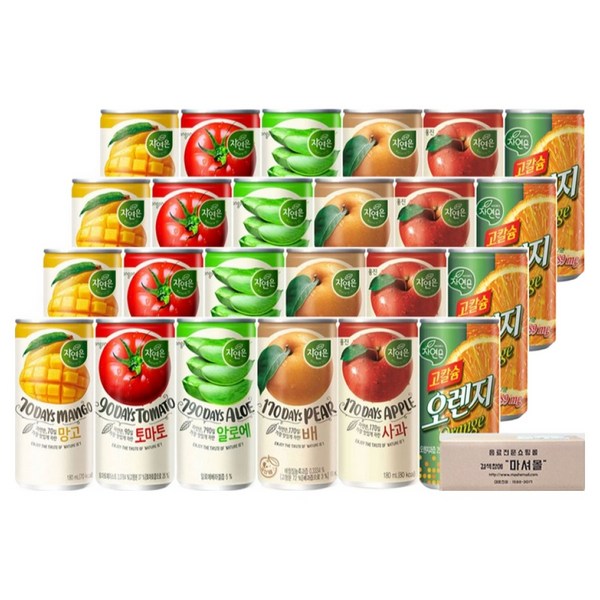 마셔몰 주스세트 자연은망고 알로에 토마토 오렌지 사과 배 6가지맛 각4캔씩, 180ml, 24개