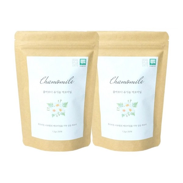 올바르다 유기농 캐모마일 차 티 티백 카모마일, 1g, 25개입, 2개