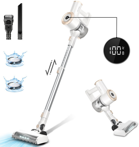 [최신형] 프리티케어 33KPa의 강력한 흡입력을 가진 스틱형 진공청소기 애완동물 털을 위한 경량 무선 진공청소기, W200 White