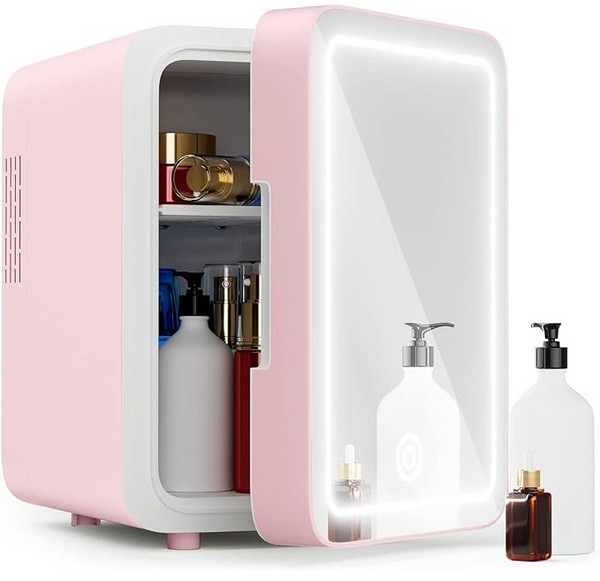 Fowod 화장품 냉장고 미니 냉장고 LED 미러 디자인 6L, 분홍색