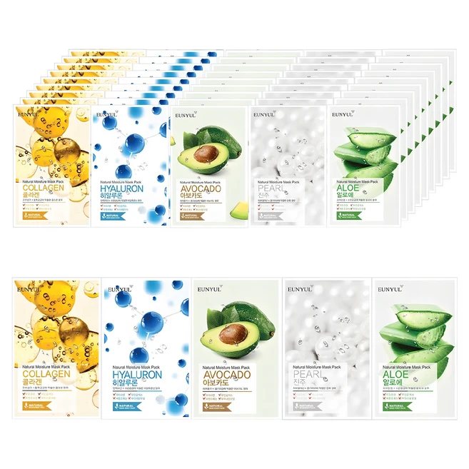 은율 내츄럴 모이스쳐 마스크팩 알로에 10p + 콜라겐 10p + 진주 10p + 히알루론 10p + 아보카도 10p, 50개입, 1개