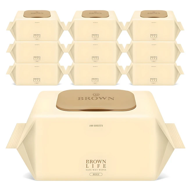 브라운라이프 베이지 엠보싱 대용량 물티슈 캡형, 50g, 100개입, 10개