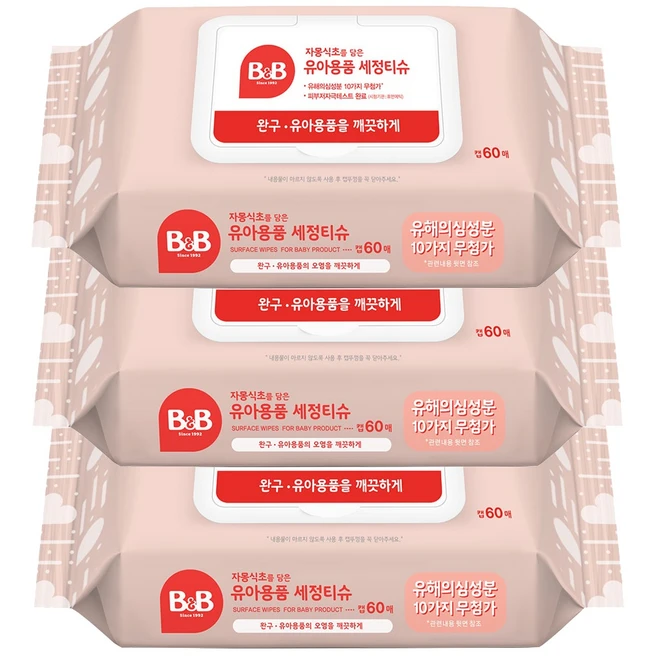 비앤비 유아용품 세정티슈 캡형, 60매, 3개