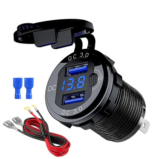 알루미늄 자동차 고속 충전기 QC3.0 듀얼 USB 스위치 버튼 포함 LED 전압 디스플레이 12V/24V 보트, Blue add wire