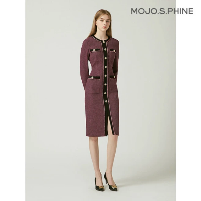 [시즌오프][모조에스핀] 배색 보석단축장식 H라인 원피스 MA_J223MSE012