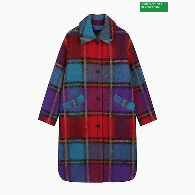 베네통 니트 배색 체크 롱 코트 BACTB1461_MU 336568