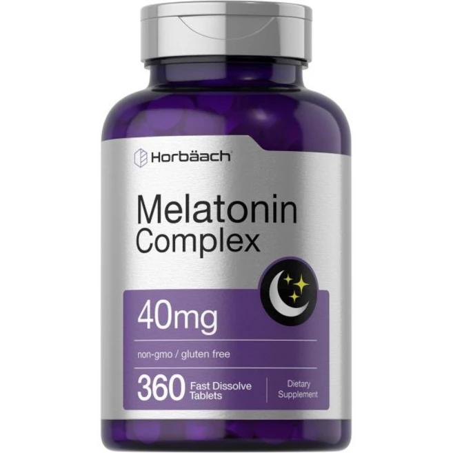 호르바츠 멜라토닌 40mg 콤플렉스 360 패스트 용해 정제 성인용 추가 근력 보충제 카모마일 및 아쉬와간다 포함 채식주의자 비GMO 글루텐 프리, 1개, 360정