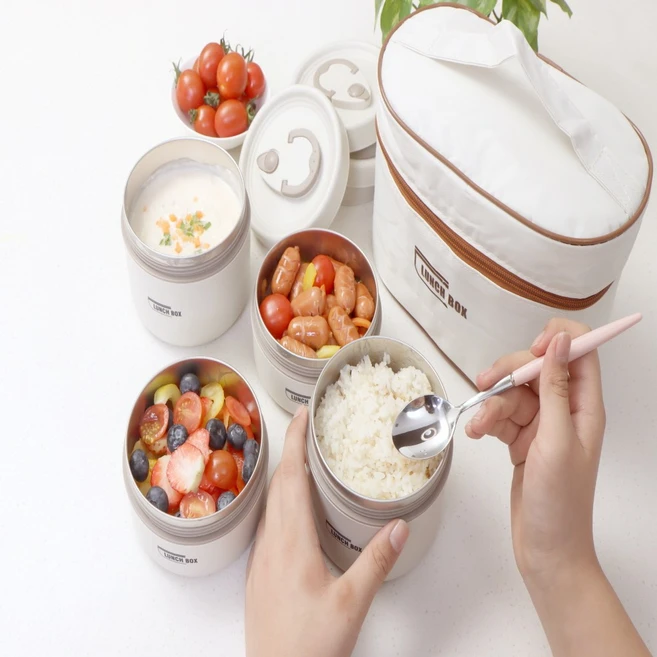 직장인 보온 도시락통 스텐 4단보온가방+3단보온가방, Corn Silk, 1세트