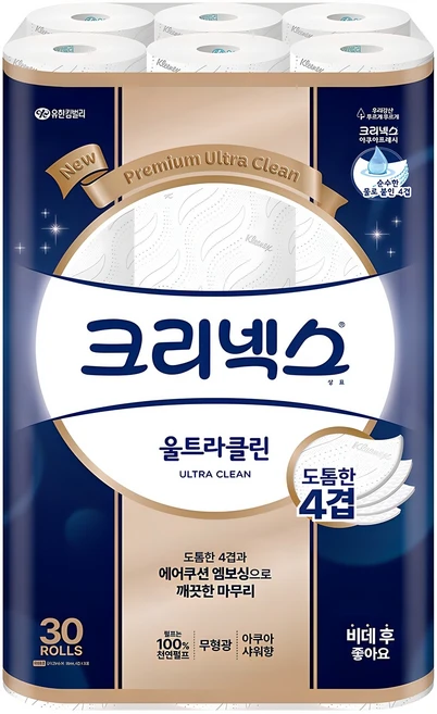 크리넥스 울트라클린 천연펄프 4겹 고급롤화장지, 25m, 30개입, 1개