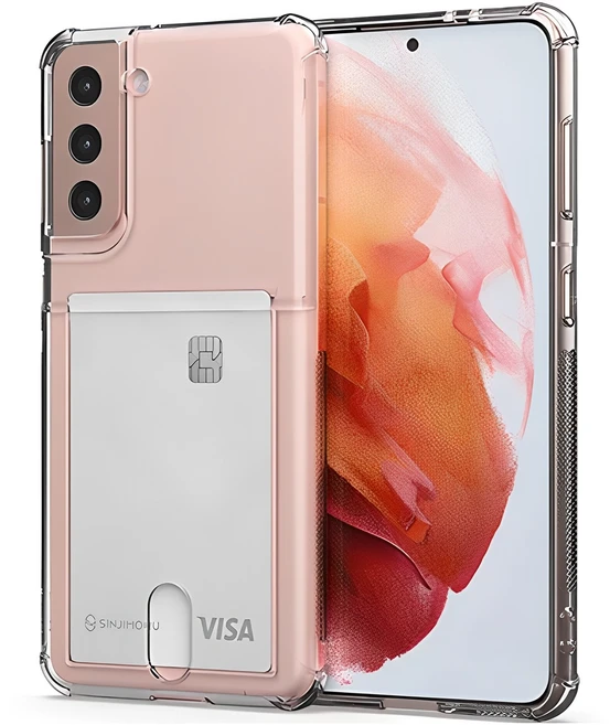 신지모루 갤럭시 S21 범퍼 강화 4DX 에어팁 카드 수납 휴대폰 케이스, 투명
