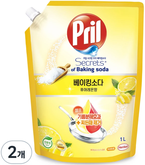 프릴 시크릿오브 베이킹소다 주방세제 퓨어레몬향 리필, 1L, 2개