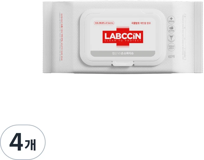 랩신 V3 손소독티슈 캡형, 60개입, 4개