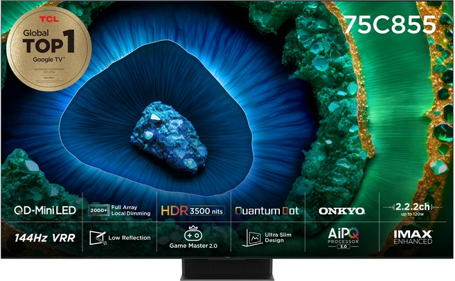 TCL 4K UHD QD Mini LED 스마트 TV, 191cm(76인치), 75C855, 스탠드형, 방문설치
