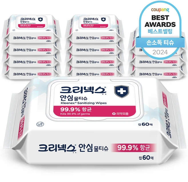 크리넥스 안심 물티슈 캡형, 60매, 12개