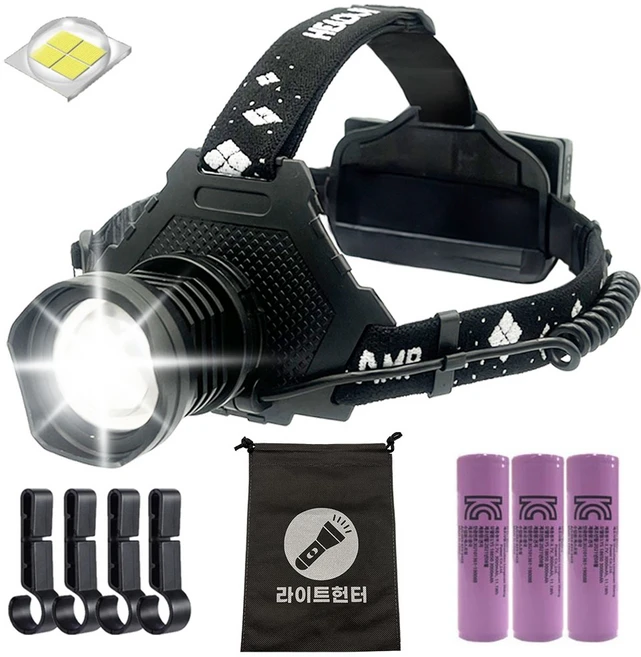 라이트헌터 XHP70.2 헤드랜턴+3000배터리세트+안전모클립(세트) 충전식 LED 낚시 해루질 작업용, 1개