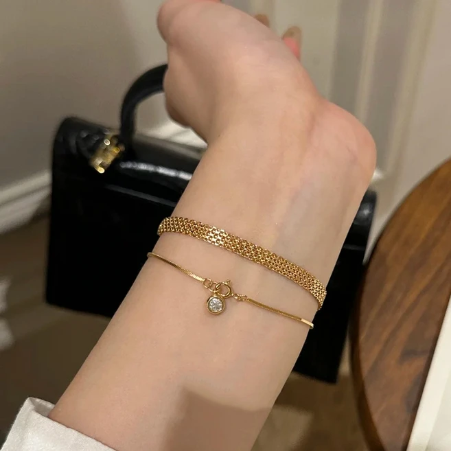 FANSYLI 14K/18K 골드 팔찌 여성 데일리 이태리 체인 골든 로프 1+1 두줄 레이어드 금 팔찌 0416F03